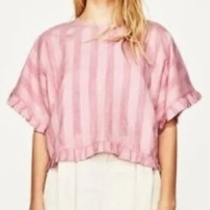 Zara Top Pink Boxy Stripped Shirt Ruffle Sleeve Referee Pink Small Monochrome